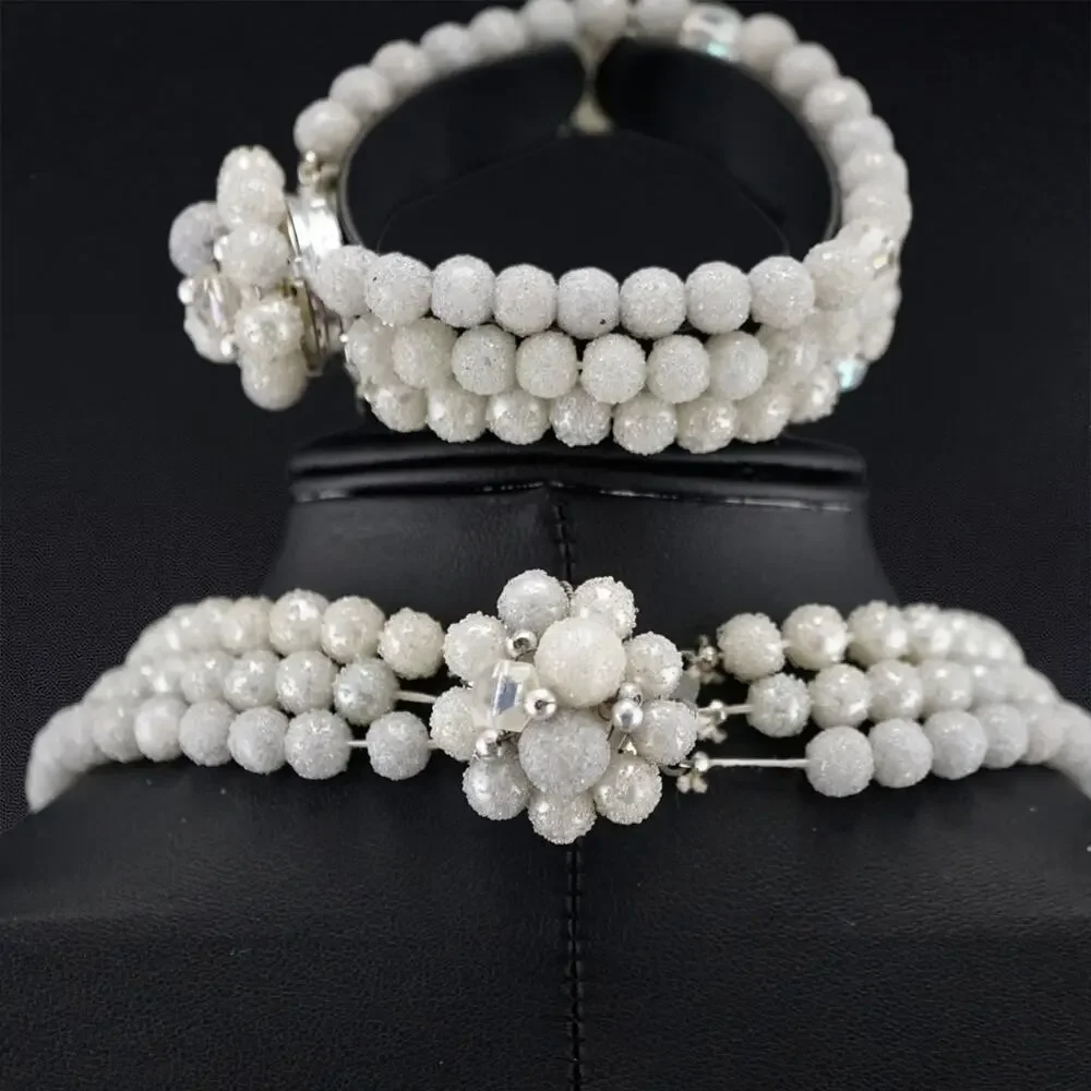 Vintage MCM Sugar Bead Parure Set White Multi Strand Necklace‎ Bracelet Set
